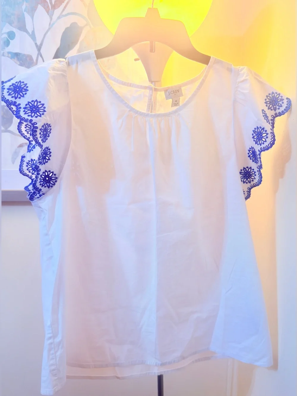 J. Crew White Cotton Blouse with Blue Embroidered Sleeves